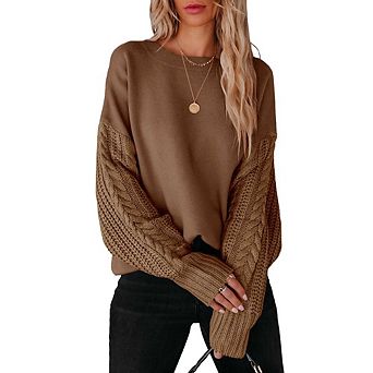 Women's Cable Knit Sweater Long Sleeve Crewneck Solid Chunky Casual Pullover