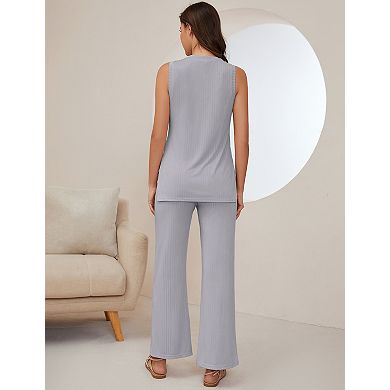 Women's 2 Piece Lounge Sets Sleeveless Crew Neck Tops Pants Matching Set Casual Outfits