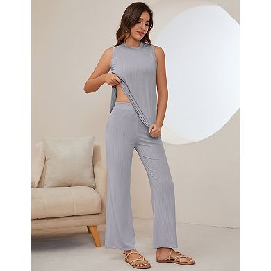Women's 2 Piece Lounge Sets Sleeveless Crew Neck Tops Pants Matching Set Casual Outfits