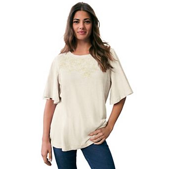 Roaman's Women's Plus Size Embroidered Slub Tee