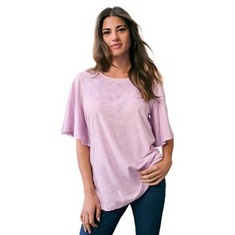 Roaman's Women's Plus Size Embroidered Slub Tee