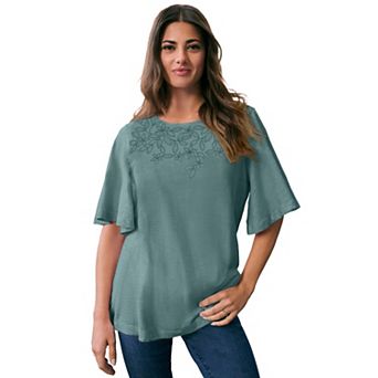 Roaman's Women's Plus Size Embroidered Slub Tee