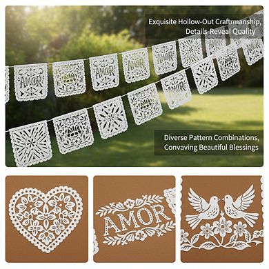 6 Pack White Papel Picado Banner, 118 Ft Mexican Party Decor for Wedding & Birthday Celebration