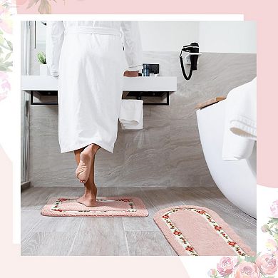 2 Pink Floral Bath Rugs: Non-Skid, Absorbent, Elegant for Bedroom/Living Room