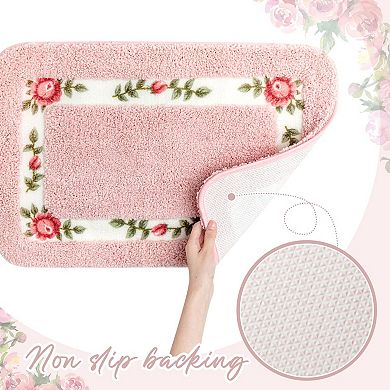 2 Pink Floral Bath Rugs: Non-Skid, Absorbent, Elegant for Bedroom/Living Room