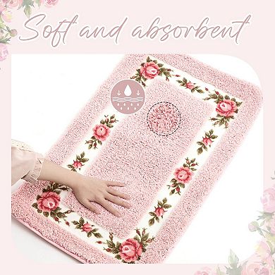 2 Pink Floral Bath Rugs: Non-Skid, Absorbent, Elegant for Bedroom/Living Room