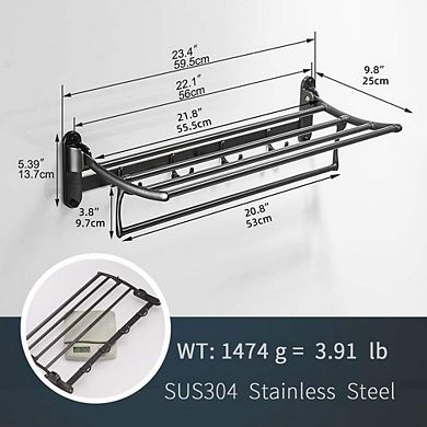 24" Oil Rubbed Bronze Towel Rack with Foldable Bar & Hooks - Wall Mounted for Bathrooms, Bedrooms