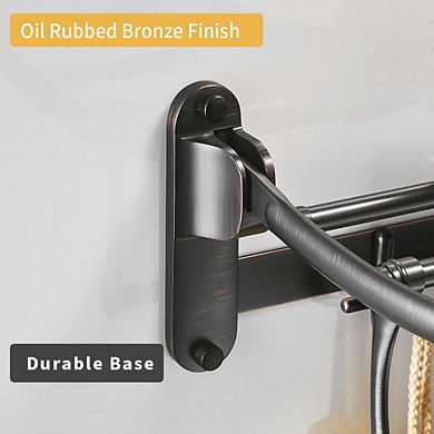 24" Oil Rubbed Bronze Towel Rack with Foldable Bar & Hooks - Wall Mounted for Bathrooms, Bedrooms