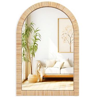 24x36" Arched Rattan Frame Boho Mirror: Bathroom, Bedroom, Living Room