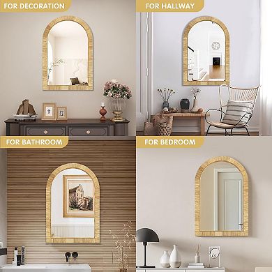 24x36" Arched Rattan Frame Boho Mirror: Bathroom, Bedroom, Living Room