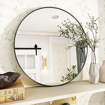 24" Black Round Mirror with Simple Modern Metal Frame for Bathroom, Hallway, Entryway, Living Room