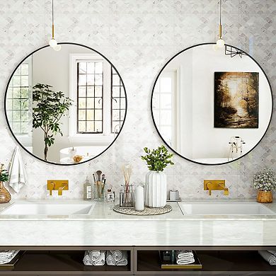24" Black Round Mirror with Simple Modern Metal Frame for Bathroom, Hallway, Entryway, Living Room