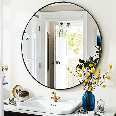 24" Black Round Mirror with Simple Modern Metal Frame for Bathroom, Hallway, Entryway, Living Room
