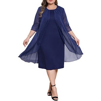 Women's Plus Size Cocktail Dress Sequin Mesh Cape Overlay Bodycon Knee Length Pencil Dress