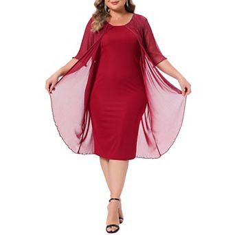 Women's Plus Size Cocktail Dress Sequin Mesh Cape Overlay Bodycon Knee Length Pencil Dress