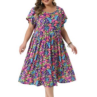 Women's Plus Size Dress Floral Print Crew Neck Tulip Short Sleeve A Line Flowy Midi Dresses Summer