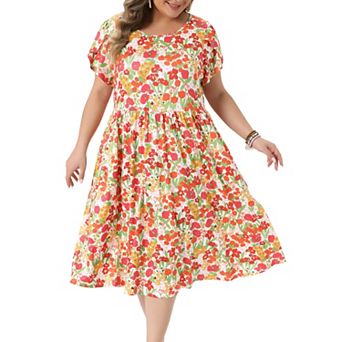 Women's Plus Size Dress Floral Print Crew Neck Tulip Short Sleeve A Line Flowy Midi Dresses Summer