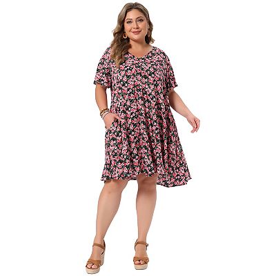 plus size summer beach dresses Summer Maxi Dress for Women 2023 Print Plus-Size Dress V-Neck Short Sleeve  Elastic Waist Dress Beach Dress Sun Dress Ruffled Flowy Midi Bohemain Beach  Dress