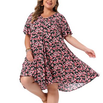 Women's Plus Size Summer Dress Short Sleeve V Neck Beach Vacation Floral Sundress with Pockets