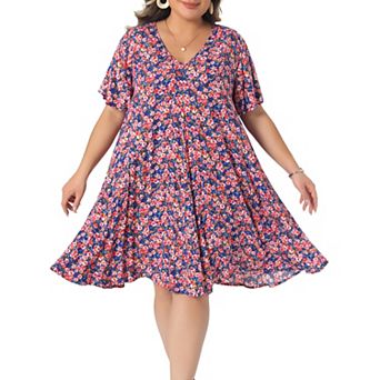 Women's Plus Size Summer Dress Short Sleeve V Neck Beach Vacation Floral Sundress with Pockets