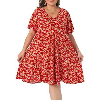 Women's Plus Size Summer Dress Short Sleeve V Neck Beach Vacation Floral Sundress with Pockets