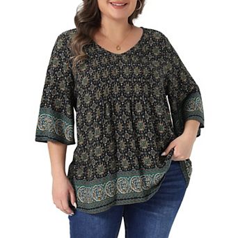 Women's Plus Size Top V Neck 3/4 Sleeve Floral Print Dressy Tops Casual Work Tunic Blouses