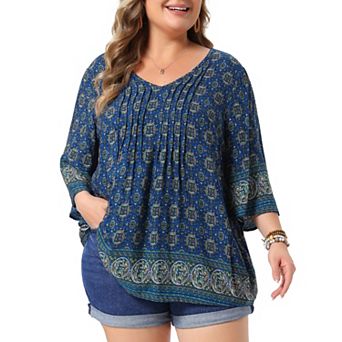 Women's Plus Size Top V Neck 3/4 Sleeve Floral Print Dressy Tops Casual Work Tunic Blouses