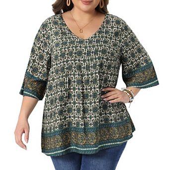 Women's Plus Size Top V Neck 3/4 Sleeve Floral Print Dressy Tops Casual Work Tunic Blouses