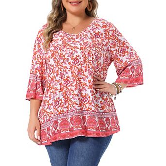 Women's Plus Size Top V Neck 3/4 Sleeve Floral Print Dressy Tops Casual Work Tunic Blouses