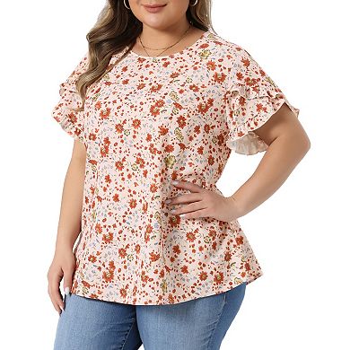 Women's Plus Size Blouse Crew Neck Tulip Sleeves Floral Print Summer Tops