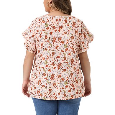 Women's Plus Size Blouse Crew Neck Tulip Sleeves Floral Print Summer Tops