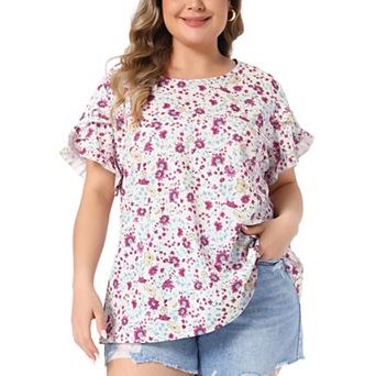 Women's Plus Size Blouse Crew Neck Tulip Sleeves Floral Print Summer Tops
