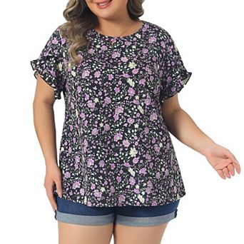 Women's Plus Size Blouse Crew Neck Tulip Sleeves Floral Print Summer Tops