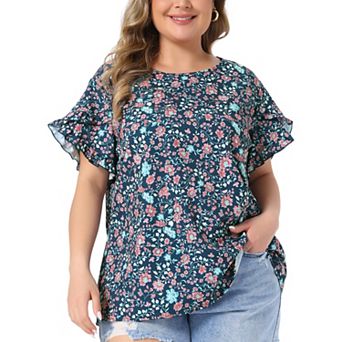 Women's Plus Size Blouse Crew Neck Tulip Sleeves Floral Print Summer Tops