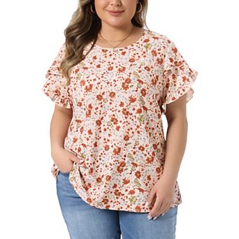 Women's Plus Size Blouse Crew Neck Tulip Sleeves Floral Print Summer Tops