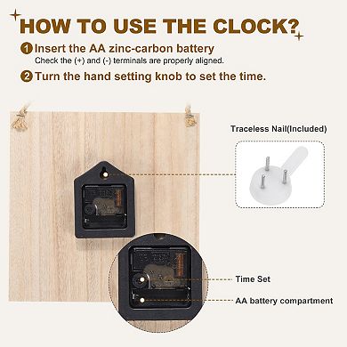 Square Painting Wall Clock, 10" Wooden Finish Clock Battery Operated with Lanyard for Decor