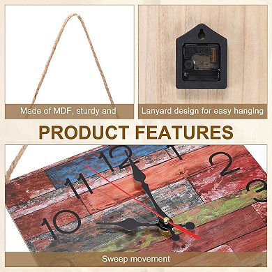 Square Painting Wall Clock, 10" Wooden Finish Clock Battery Operated with Lanyard for Decor