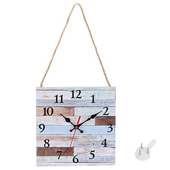 Square Painting Wall Clock, 10" Wooden Finish Clock Battery Operated with Lanyard for Decor
