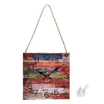 Square Painting Wall Clock, 10" Wooden Finish Clock Battery Operated with Lanyard for Decor