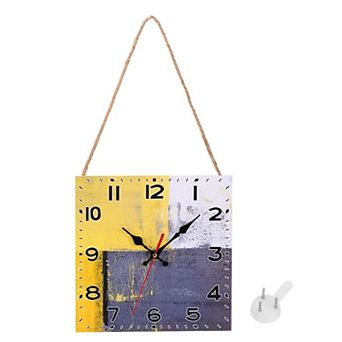 Square Painting Wall Clock, 10" Wooden Finish Clock Battery Operated with Lanyard for Decor