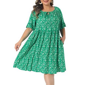 Women's Plus Size Summer Dresses Scoop Neck Tie Ruffle Short Sleeve Floral Boho Dresses with Pockets