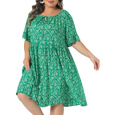 Women's Plus Size Summer Dresses Scoop Neck Tie Ruffle Short Sleeve Floral Boho Dresses with Pockets