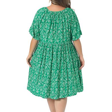 Women's Plus Size Summer Dresses Scoop Neck Tie Ruffle Short Sleeve Floral Boho Dresses with Pockets