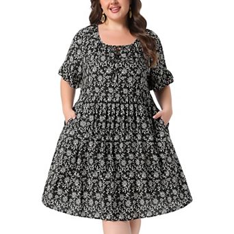 Women's Plus Size Summer Dresses Scoop Neck Tie Ruffle Short Sleeve Floral Boho Dresses with Pockets