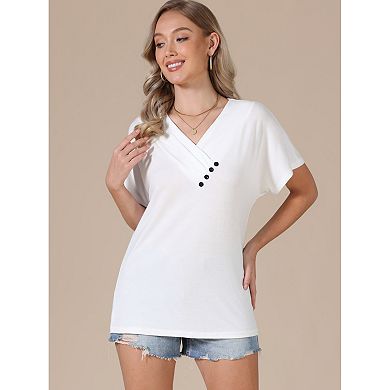 Summer Short Sleeve Tunic Tops for Women Casual V Neck Button Shirts