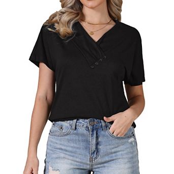 Summer Short Sleeve Tunic Tops for Women Casual V Neck Button Shirts