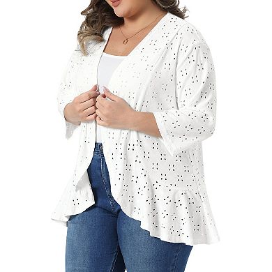 Women's Plus Size Cardigans Open Front 3/4 Sleeve Draped Ruffle Spring Netted Knit Kimono Cover Up