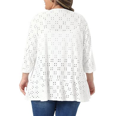 Women's Plus Size Cardigans Open Front 3/4 Sleeve Draped Ruffle Spring Netted Knit Kimono Cover Up