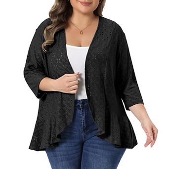 Women's Plus Size Cardigans Open Front 3/4 Sleeve Draped Ruffle Spring Netted Knit Kimono Cover Up