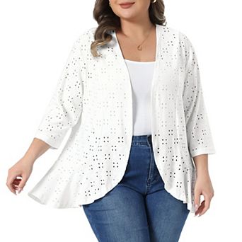 Women's Plus Size Cardigans Open Front 3/4 Sleeve Draped Ruffle Spring Netted Knit Kimono Cover Up